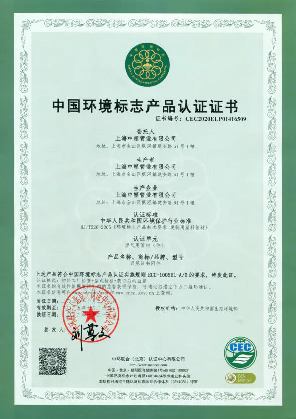 2022CEC Certificate - Gas Pipe